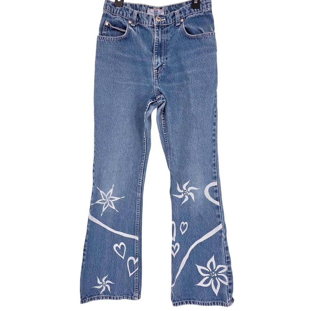 Gasoline Girls Blue Denim Jeans Y2K Vintage Floral Heart Graphics Size 14 90's